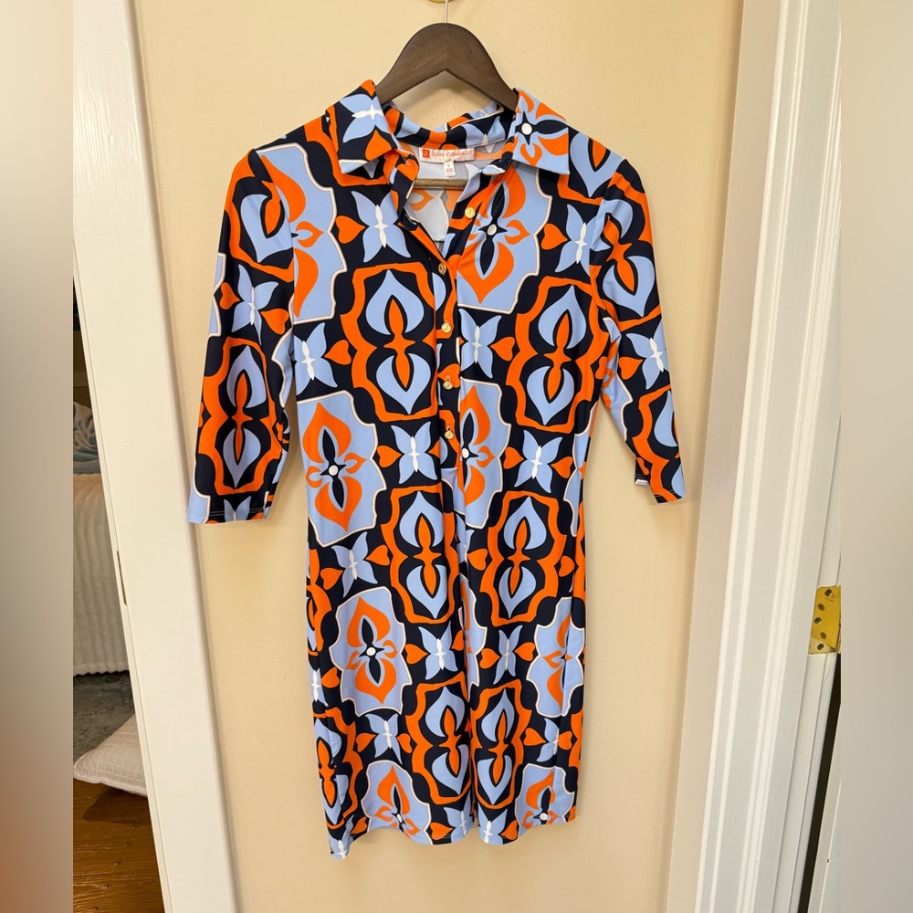 Jude Connally Orange, Light Blue & Black Geometric Shift Dress